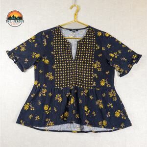 Madewell Black Floral Corduroy Acorn Foulard Short Sleeve Popover Casual Shirt S